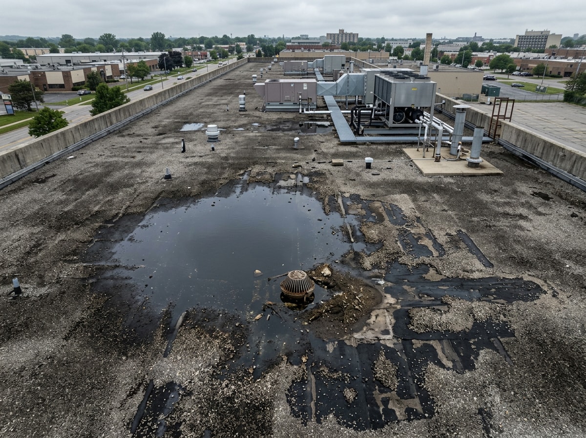 Aerial view of a Dallas commercial flat roof showing ponding water and patchy gravel loss near a rooftop drain