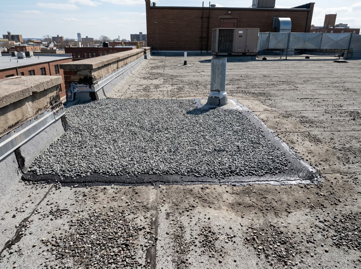 Finished built-up roof section with fresh gravel surfacing on a Dallas commercial building rooftop