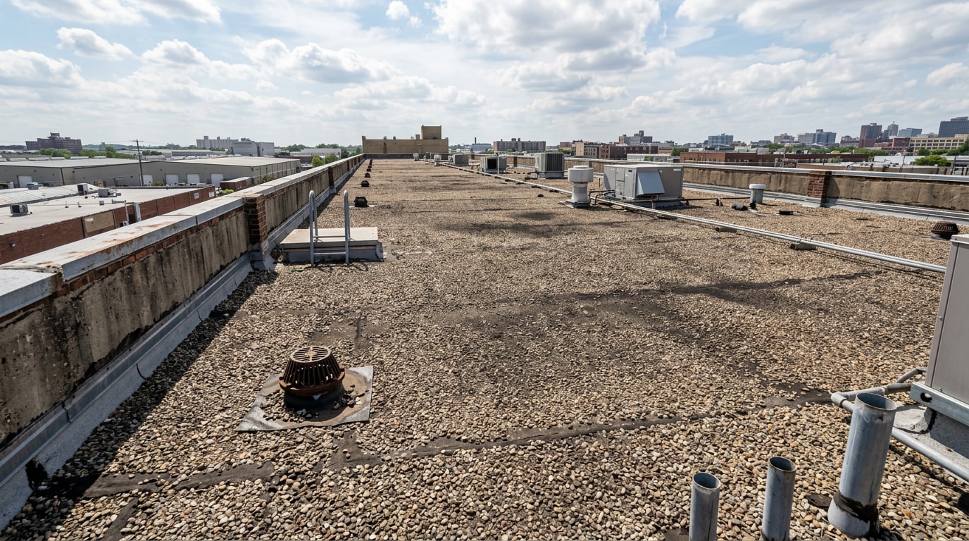 Commercial built-up gravel roof on a flat-roofed building in Dallas, TX