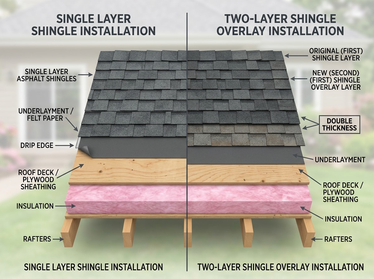 Cross-section diagram comparing a single-layer asphalt shingle roof to a two-layer overlay roof