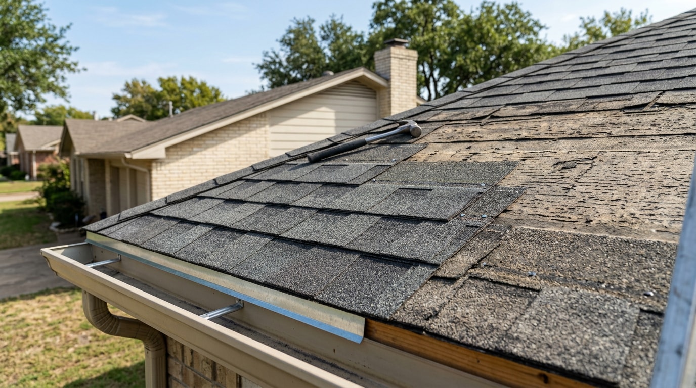 Asphalt shingle roof overlay installation showing new shingles laid over an existing layer