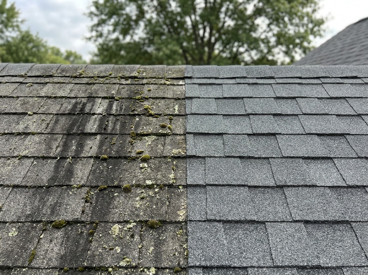 Before and after comparison of algae-streaked asphalt roof shingles versus clean shingles