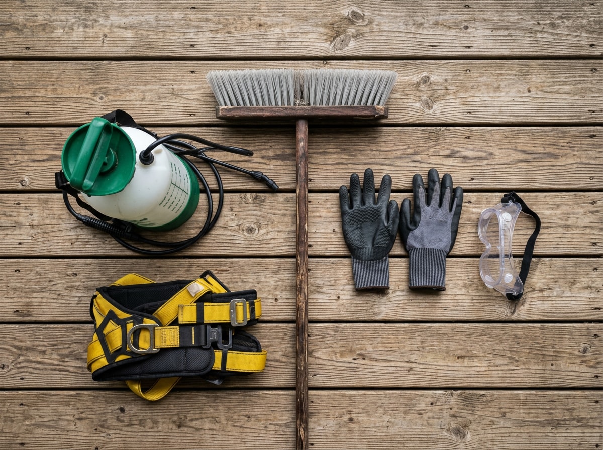 Flat-lay of labeled roof cleaning tools including soft-bristle brush, sprayer, harness, and gloves