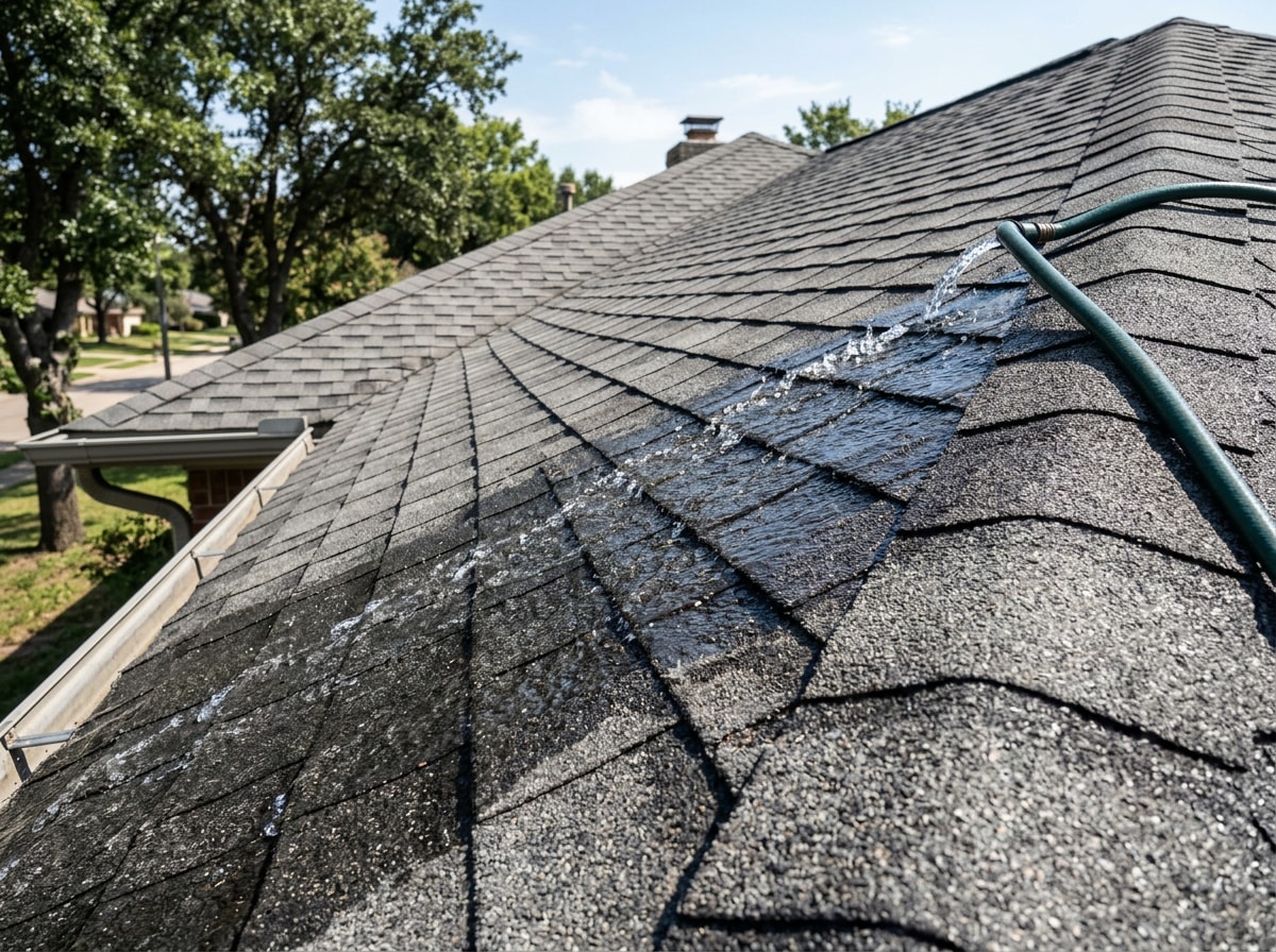 Diagram showing correct top-to-bottom spray direction when rinsing an asphalt shingle roof