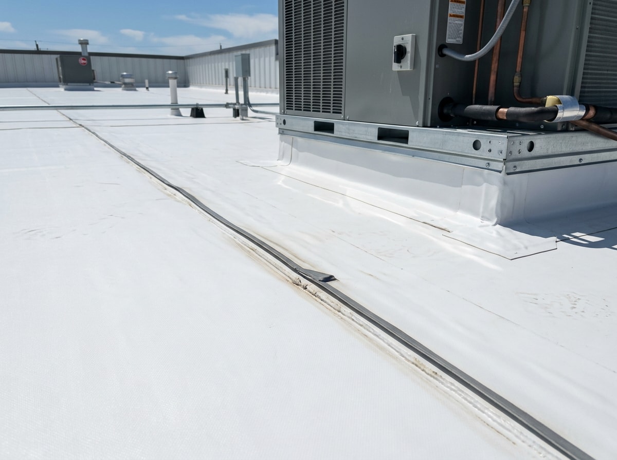 Frisco commercial flat roof with TPO membrane and rooftop HVAC curbs