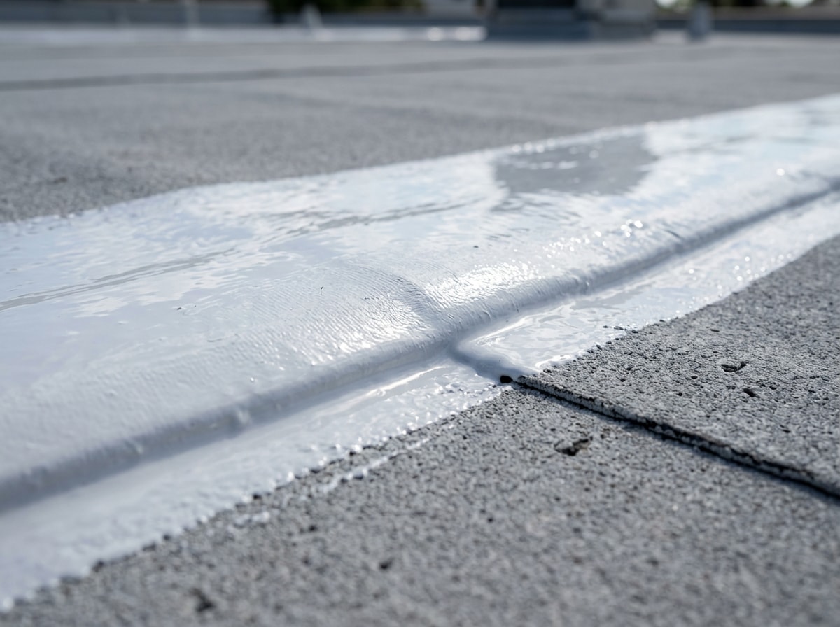 Close-up of a reflective white silicone roof coating applied over a commercial membrane seam