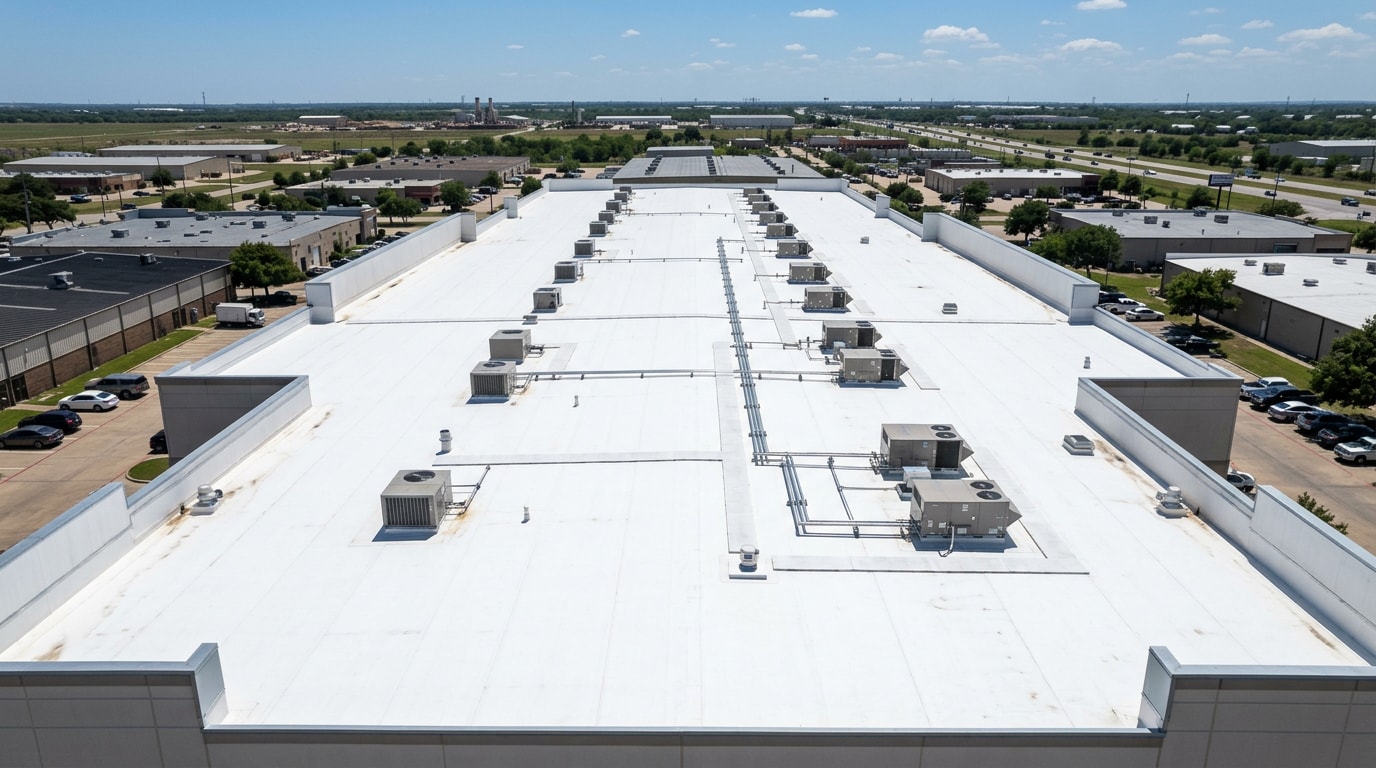 Aerial view of a commercial flat roof with white TPO waterproofing membrane in Frisco, TX