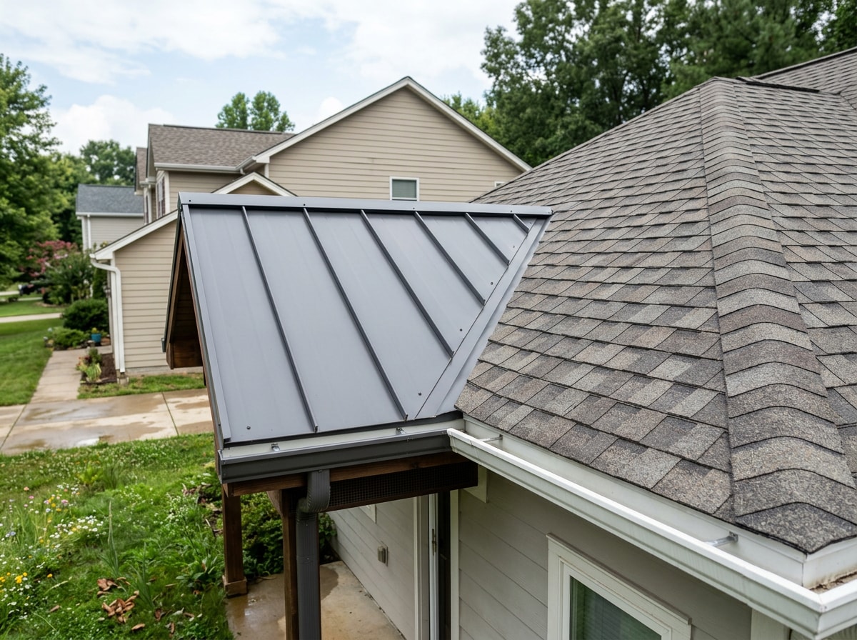 Side-by-side comparison of a standing seam metal roof and an asphalt shingle roof on similar homes