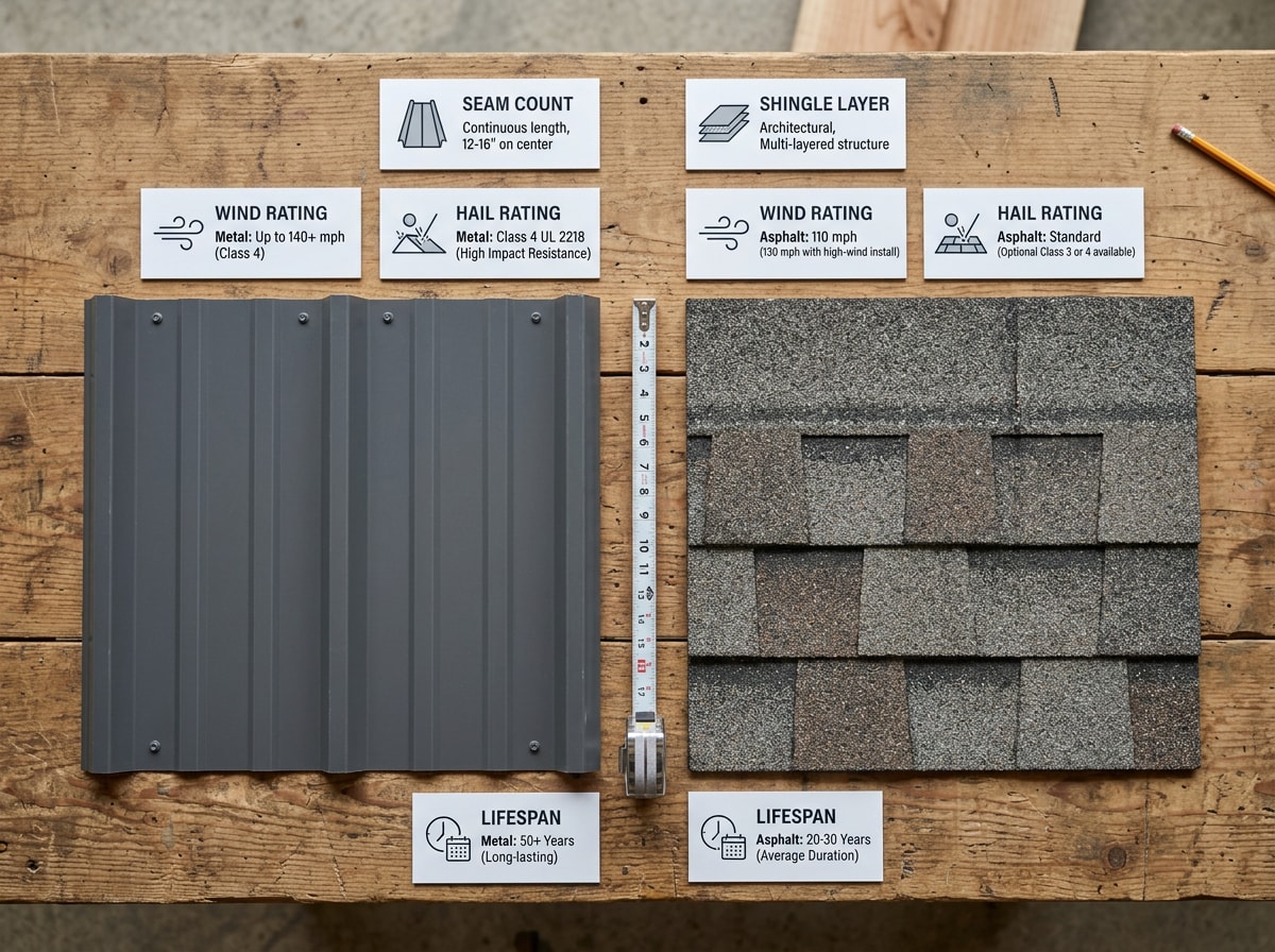 Infographic comparing seam count, wind rating, hail rating, and lifespan between metal roofing and asphalt shingles