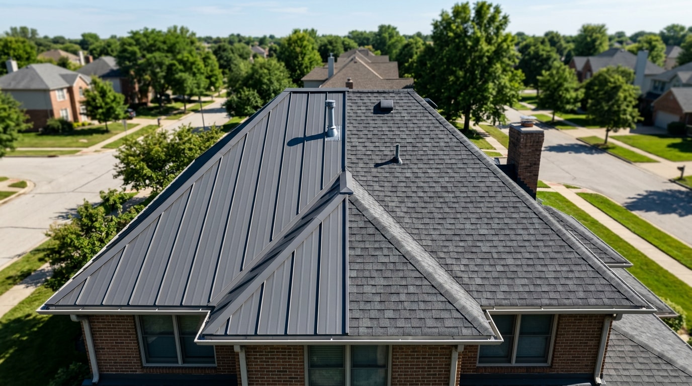 Comparison of a standing seam metal roof and asphalt shingle roof on the same style home