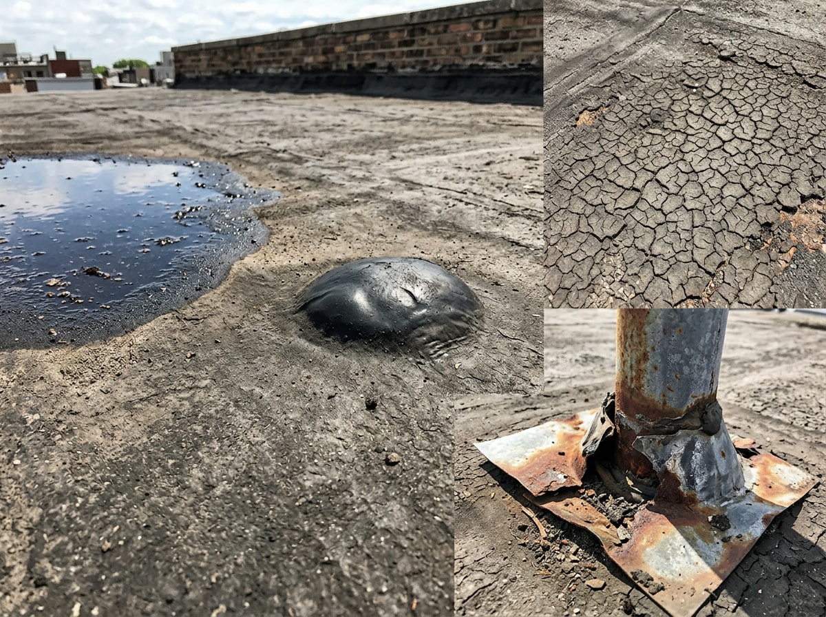 Collage of common flat roof damage signs including ponding water, a blister, a cracked seam, and damaged flashing