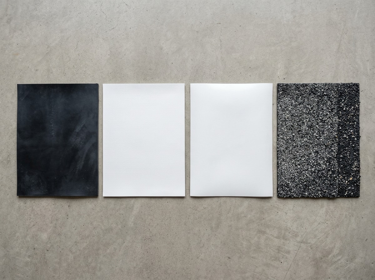 Side-by-side diagram comparing EPDM, TPO, PVC, and modified bitumen flat roof membrane textures
