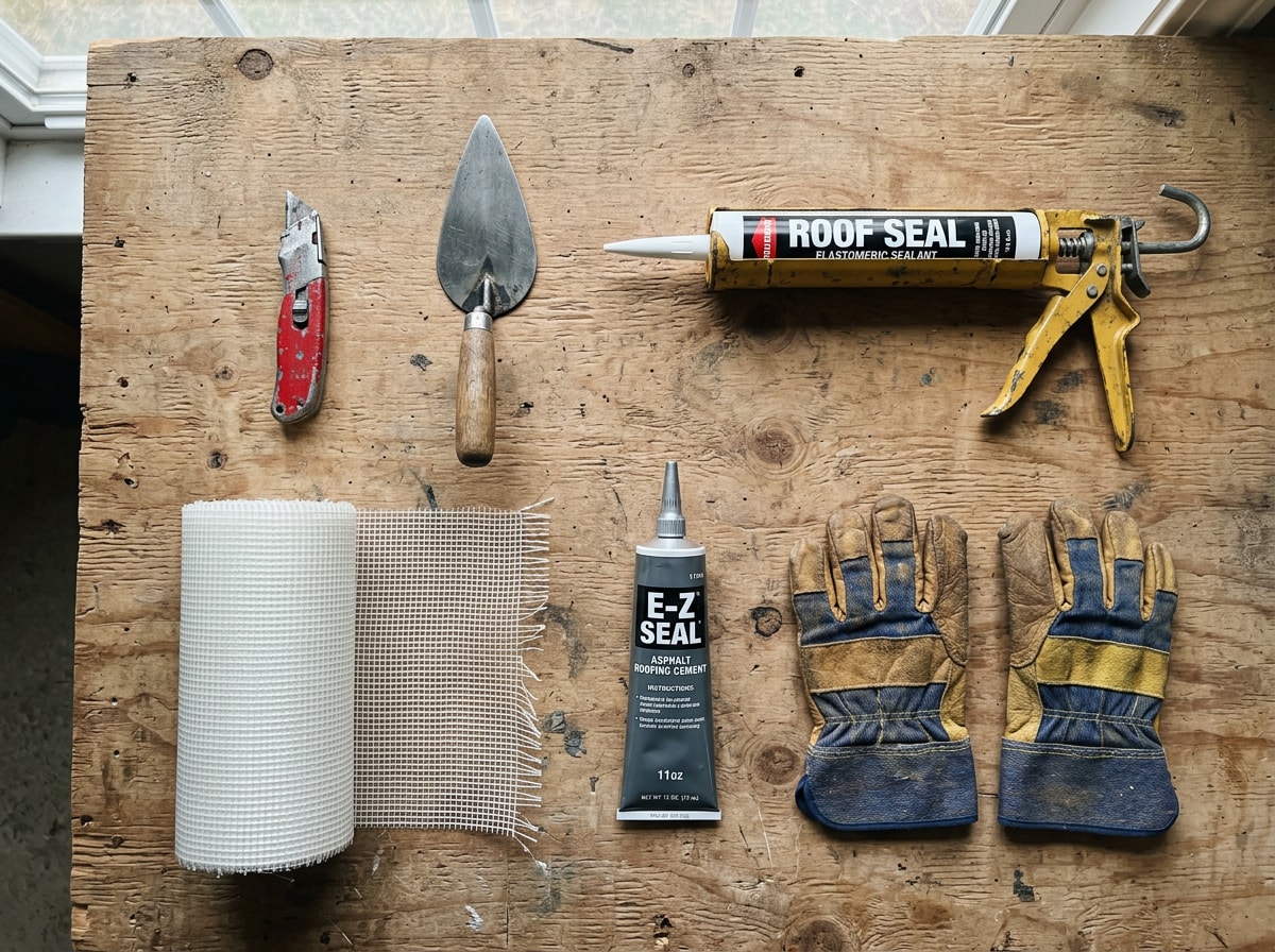 Flat-lay photo of flat roof repair tools and materials including roofing cement, a utility knife, and fiberglass mesh