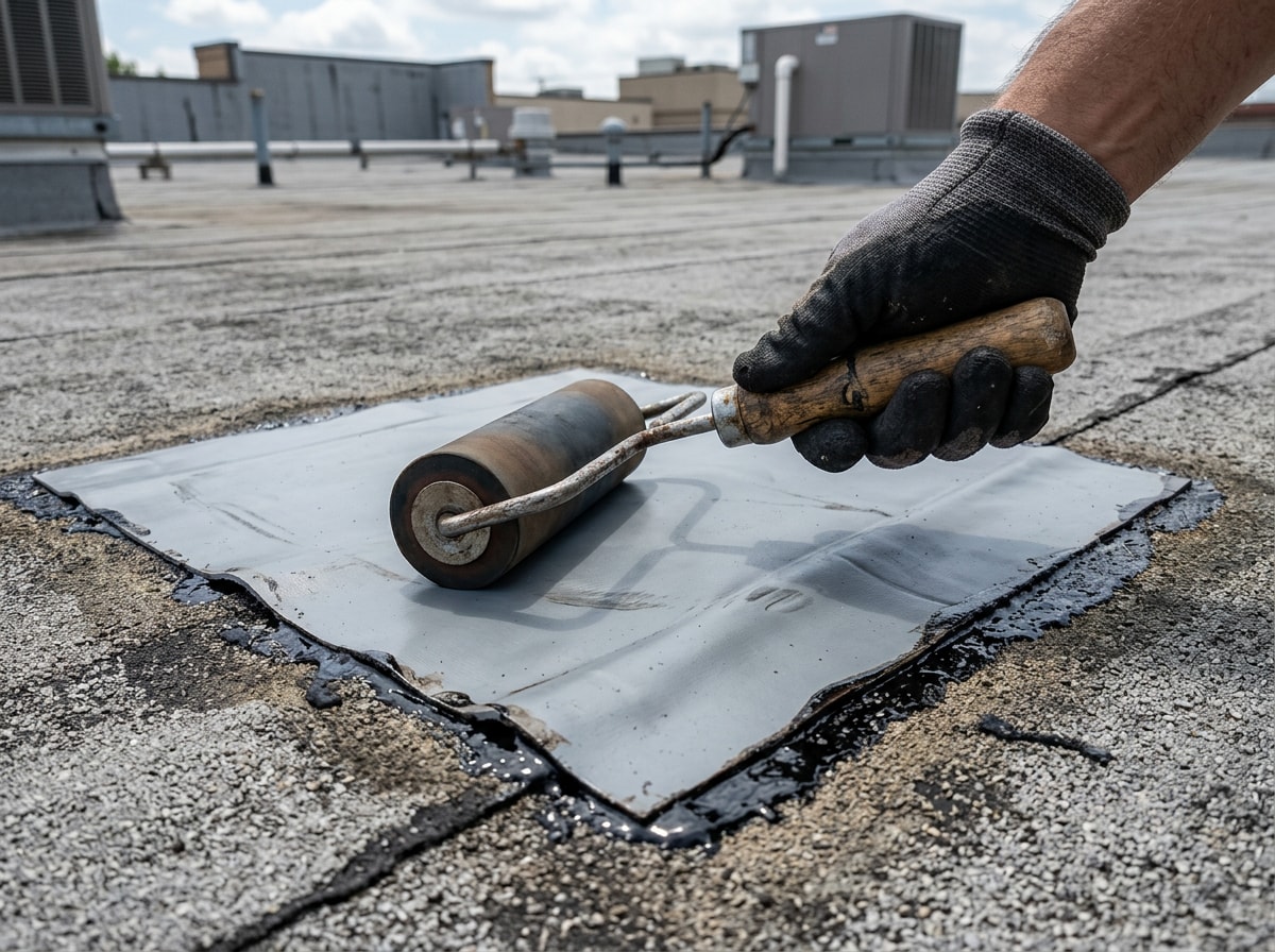 Close-up photo of a flat roof patch being pressed and rolled flat during repair
