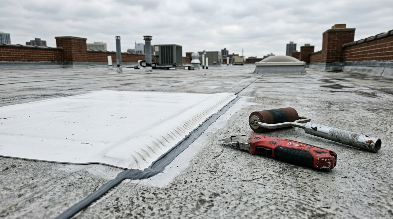 Freshly repaired flat roof membrane with patch and roofing tools