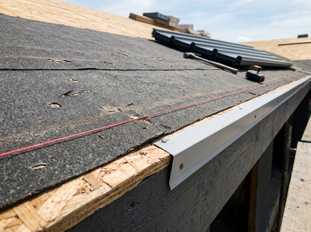 Photo of a chalk line squared against the roof eave before installing the first metal panel