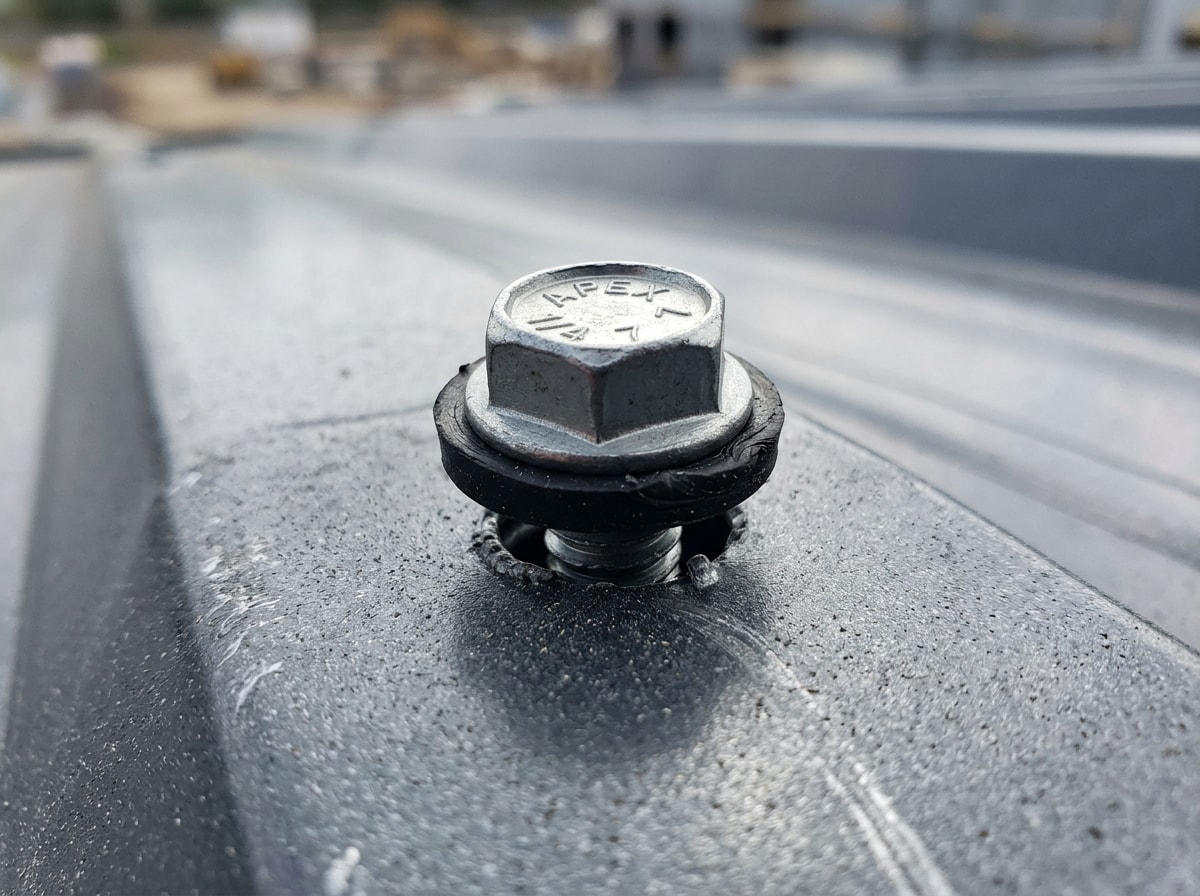 Close-up of a metal roofing screw properly seated with compressed rubber gasket washer