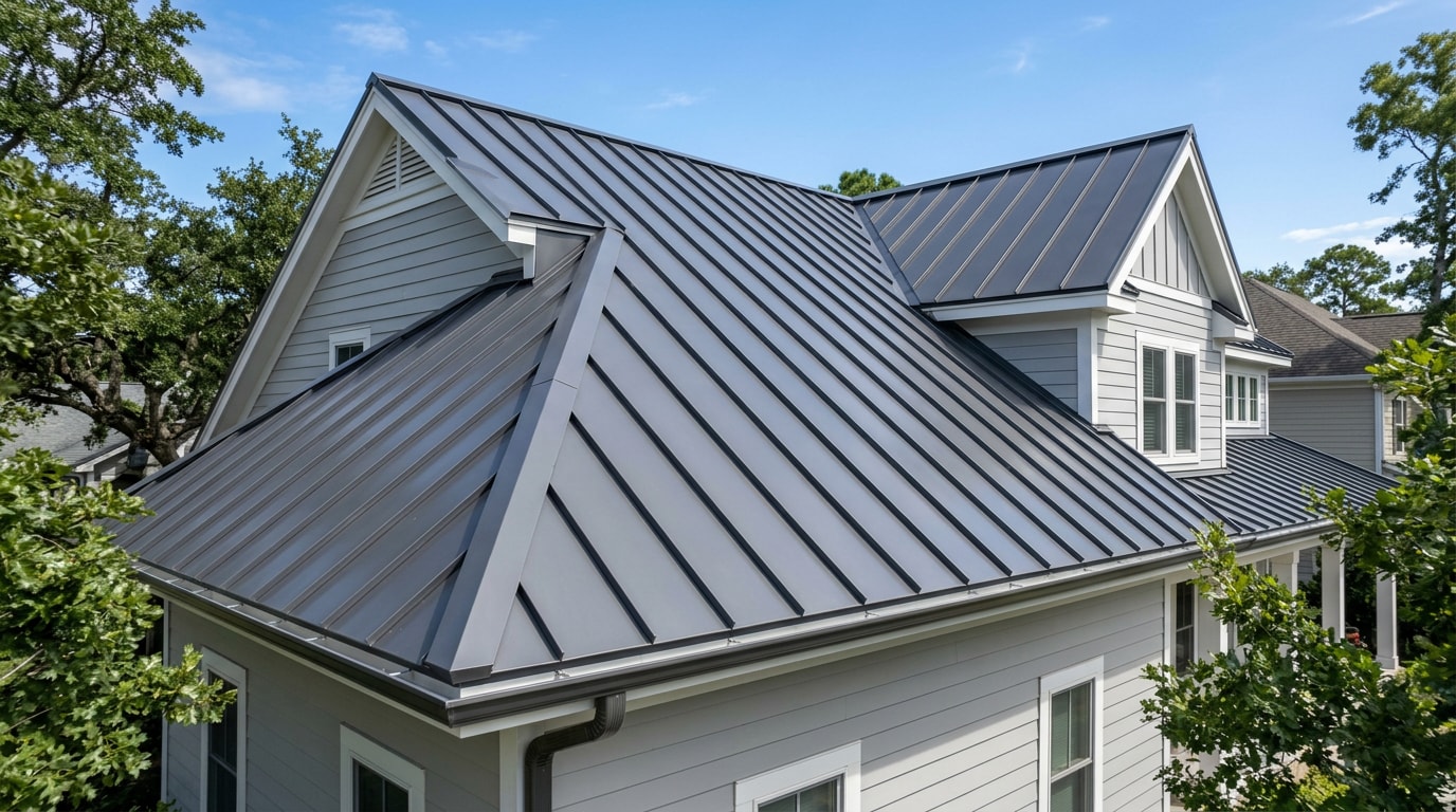 Finished standing seam metal roof installed on a residential home Finished standing seam metal roof installed on a residential home