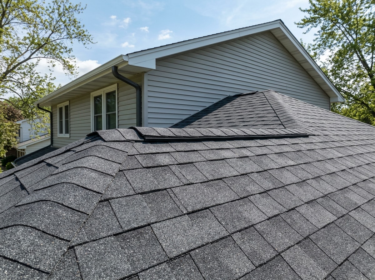 Finished asphalt shingle roof on a suburban two-story home