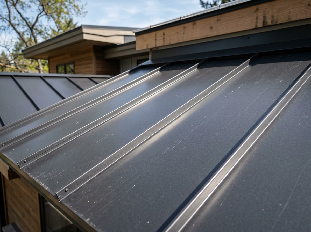 Close-up of a newly installed standing seam metal roof