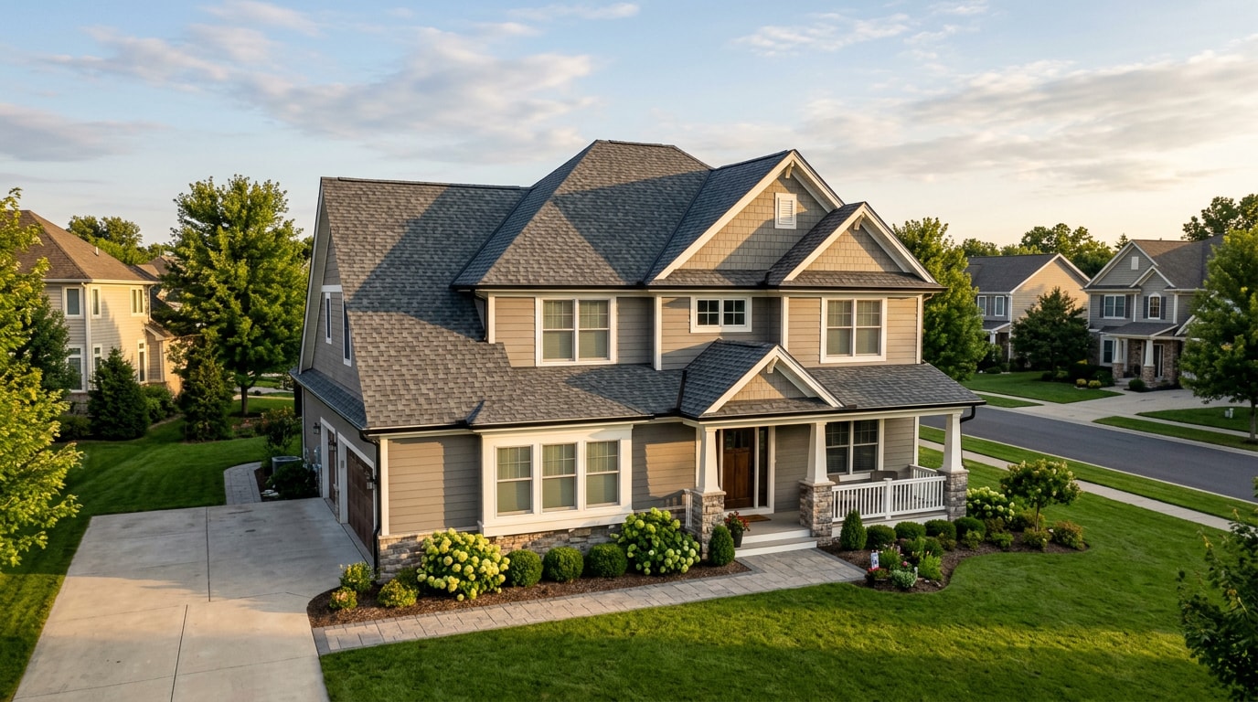 Finished residential roof replacement on a two-story suburban home
