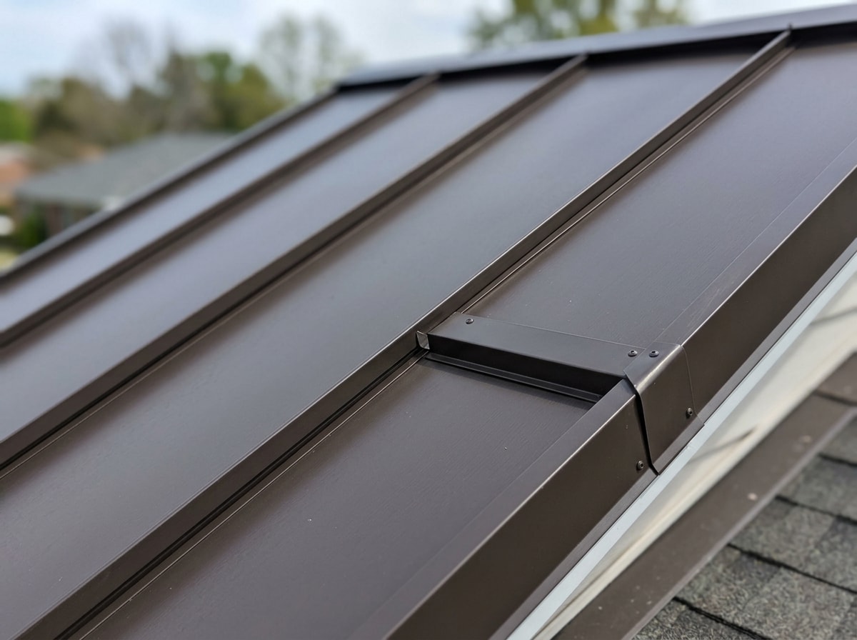 Close-up of a newly installed standing seam metal roof on a residential home