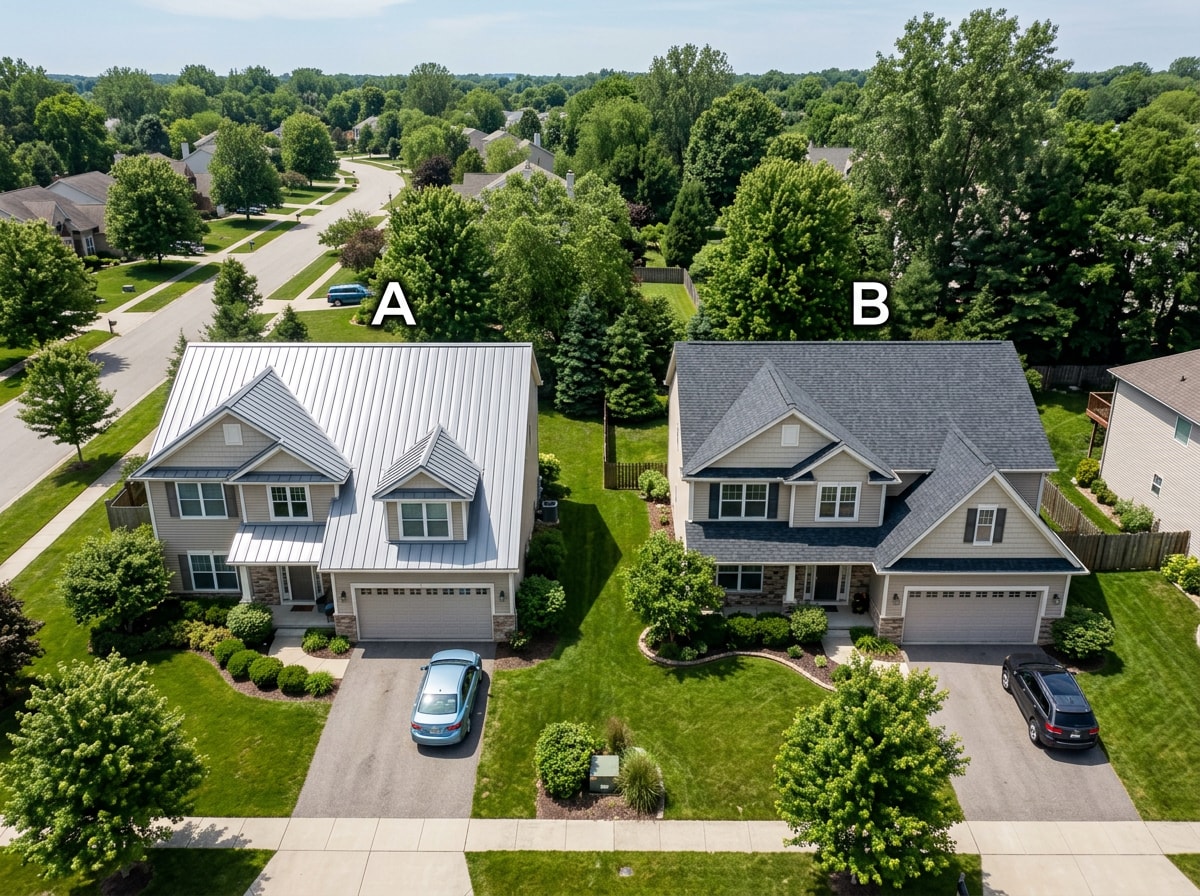 Side-by-side residential roofs showing a standing seam metal roof next to a traditional asphalt shingle roof