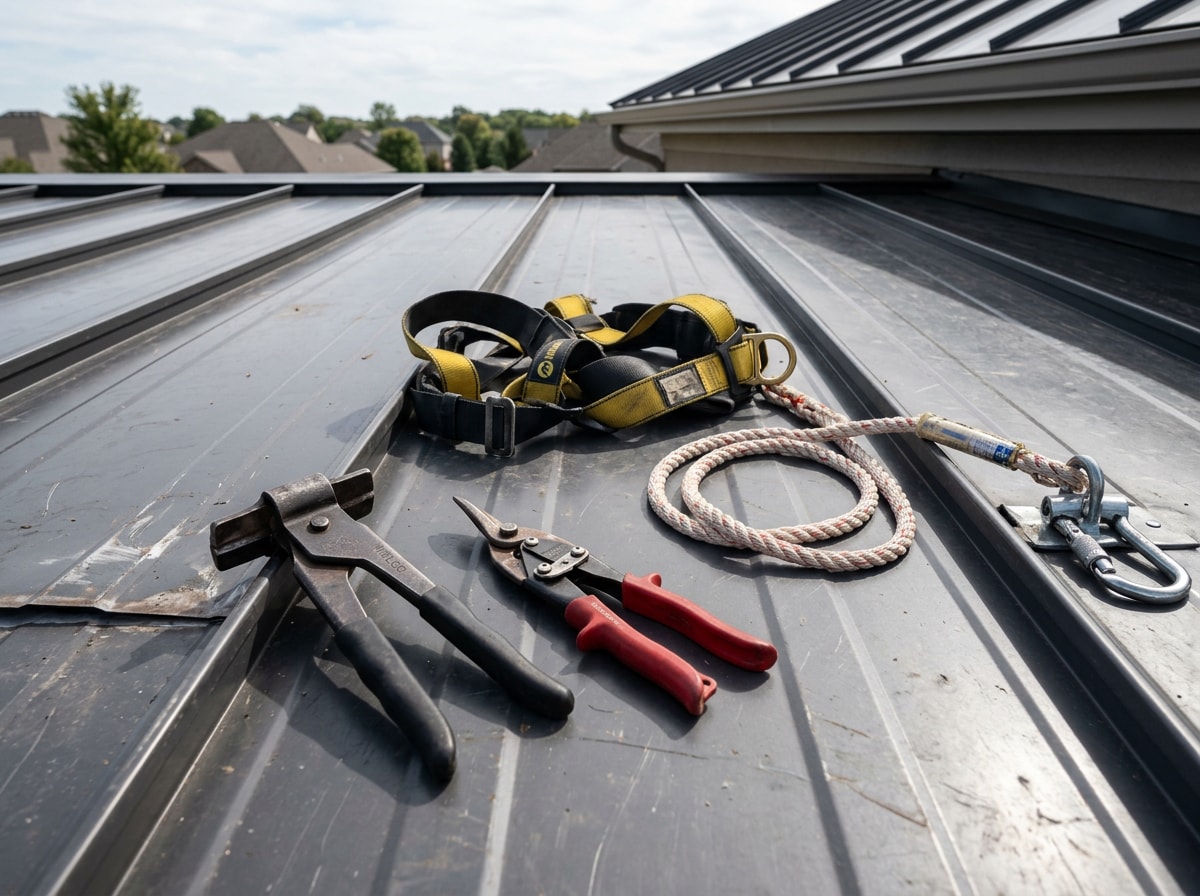 Roofing safety harness, seamer tool, and metal panel offcuts staged on a partially completed standing seam roof, no people visible
