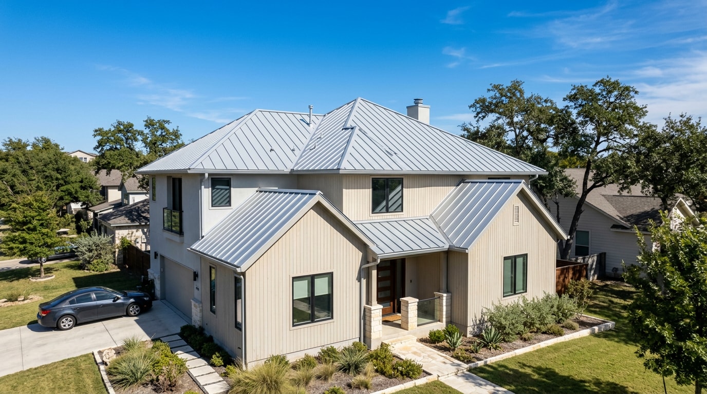 Finished standing seam metal roof installed on a suburban home