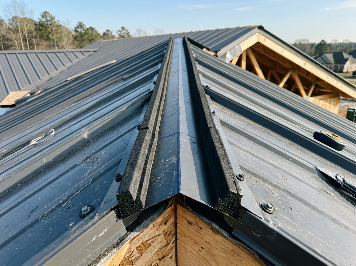 Close-up of solid foam closure strips installed along a metal roof ridge before the ridge cap goes on