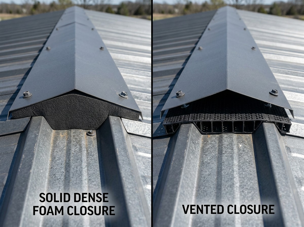 Side-by-side comparison of a solid ridge closure strip and a vented ridge closure on a metal roof