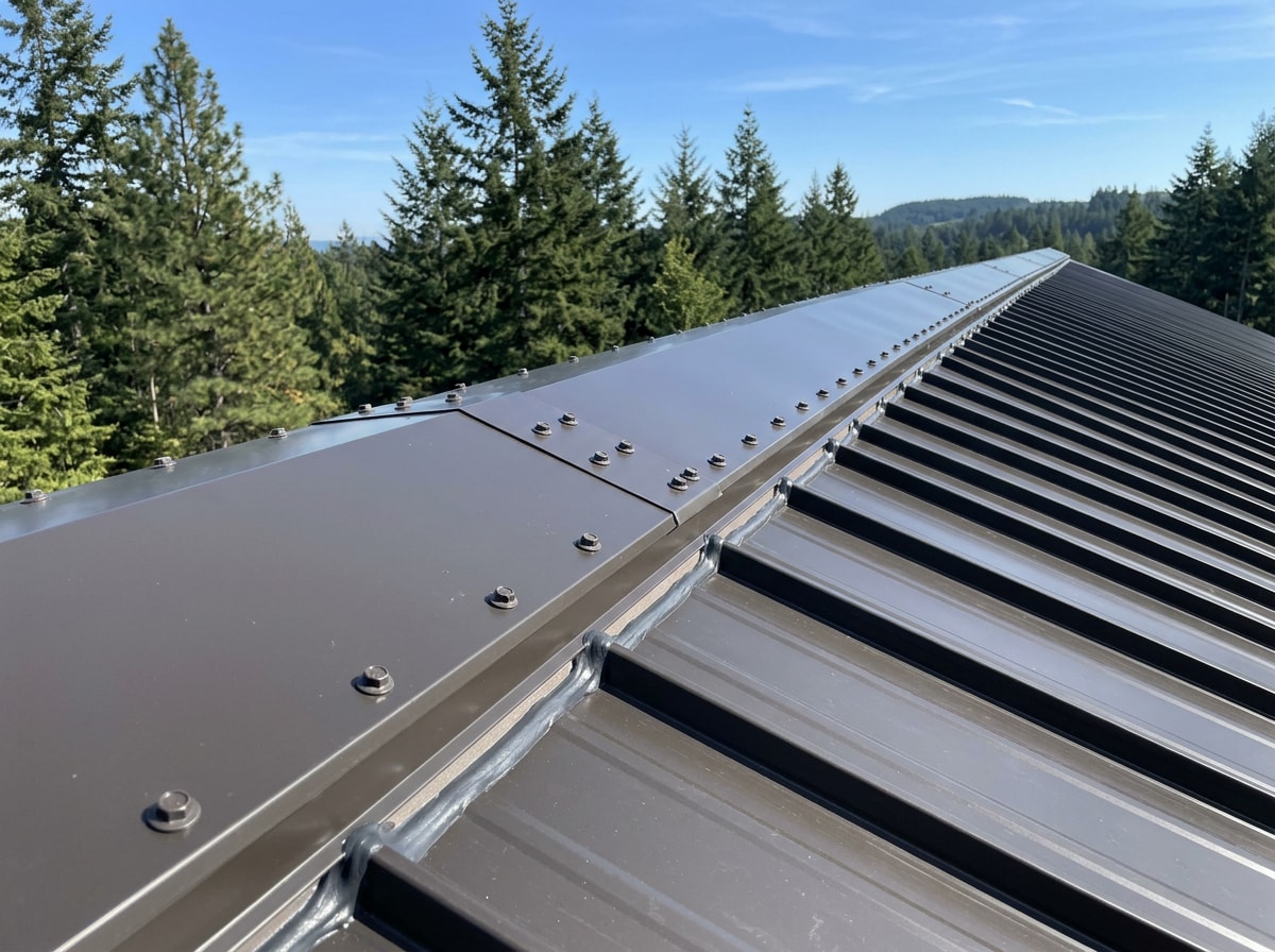 Metal roof ridge cap sections overlapped and fastened along the length of the ridge