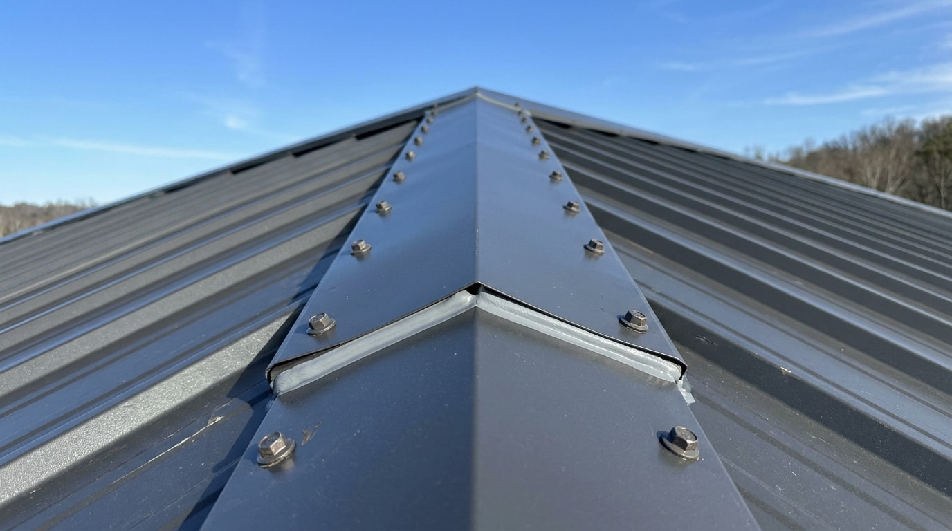 Finished metal roof ridge cap installed along the peak of a steel panel roof Finished metal roof ridge cap installed along the peak of a steel panel roof