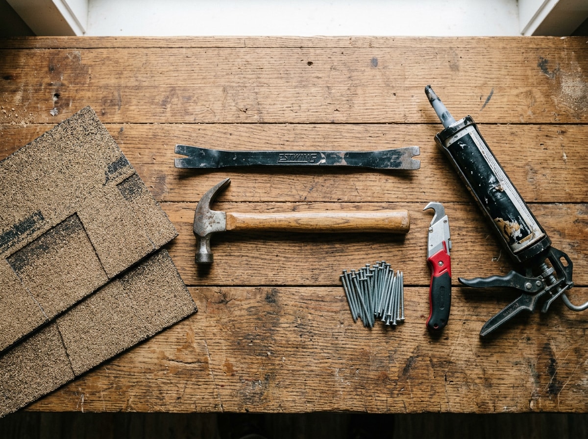 Flat-lay photo of roofing patch tools and materials including a pry bar, hammer, roofing nails, utility knife, and replacement shingles