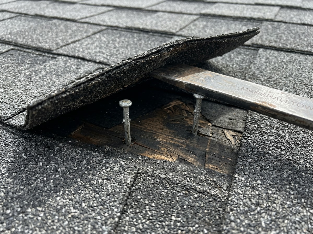 Close-up photo of a pry bar being used to lift a shingle tab and expose roofing nails underneath