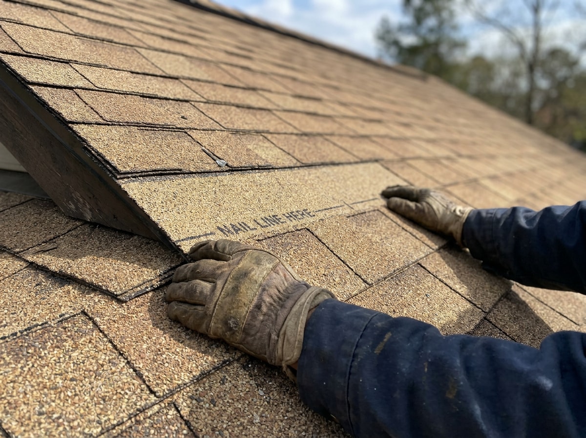Hands sliding a new replacement shingle into position on a roof, aligned with surrounding shingles