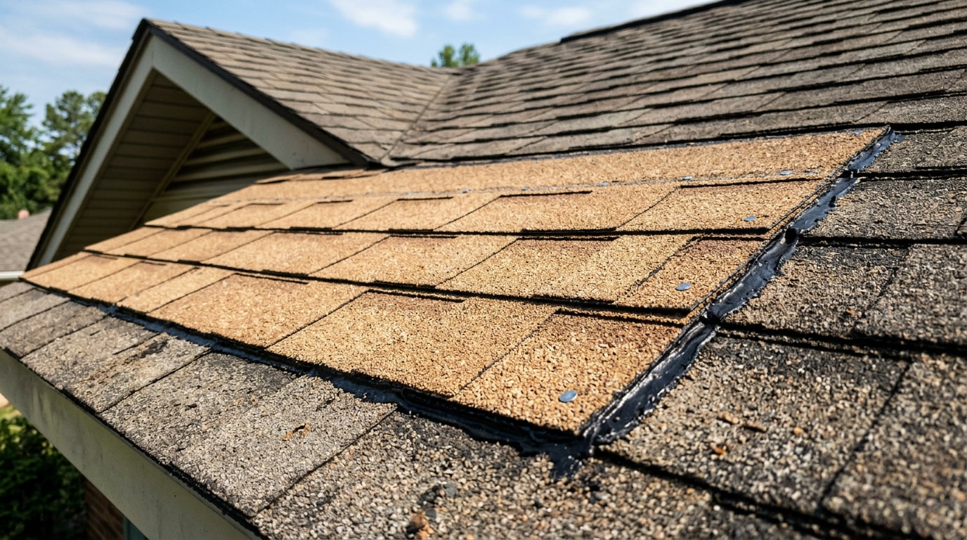 Freshly patched section of an asphalt shingle roof blending into the surrounding shingles