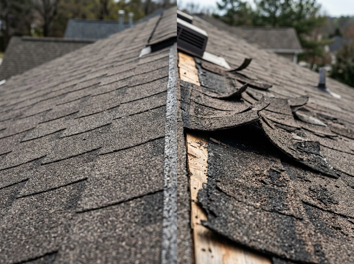 Close-up comparison of flat, acceptable shingle condition versus curled, unacceptable shingles before a metal roof overlay