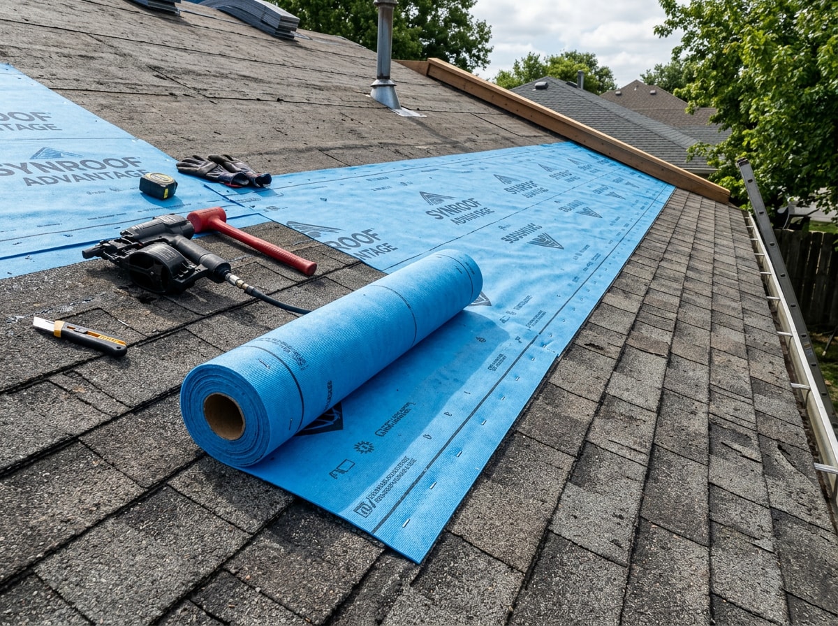 Roofing crew rolling synthetic underlayment over an existing shingle roof before metal panel installation