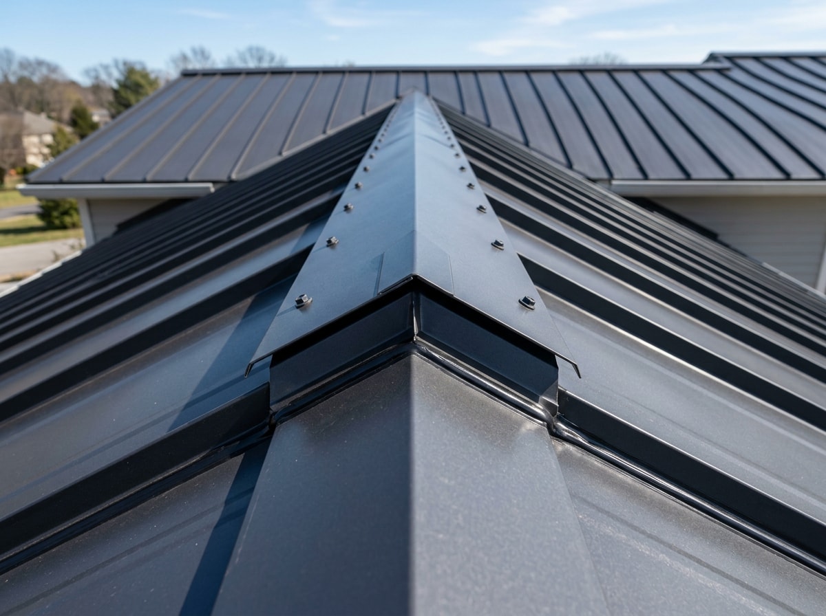 Finished metal roof ridge cap and flashing detail sealed at the peak of a residential roof