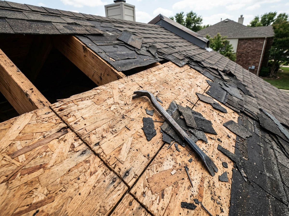 Old shingles removed and roof deck exposed for inspection