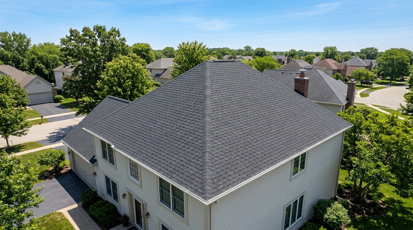 Finished hip roof with new asphalt shingles and clean hip and ridge cap lines Finished hip roof with new asphalt shingles and clean hip and ridge cap lines