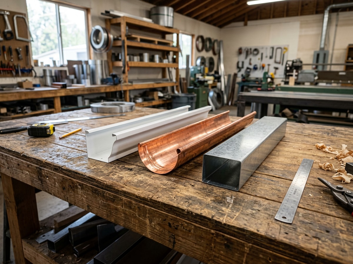 Three gutter profile samples, K-style, half-round, and box gutter, laid side by side on a workbench
