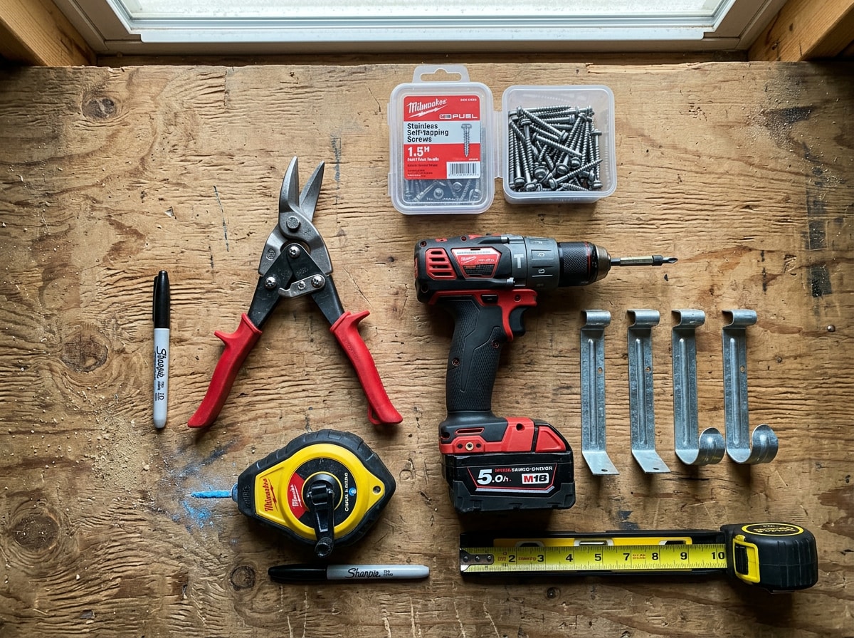 Flat lay of gutter installation tools including tin snips, chalk line, cordless drill, and gutter brackets