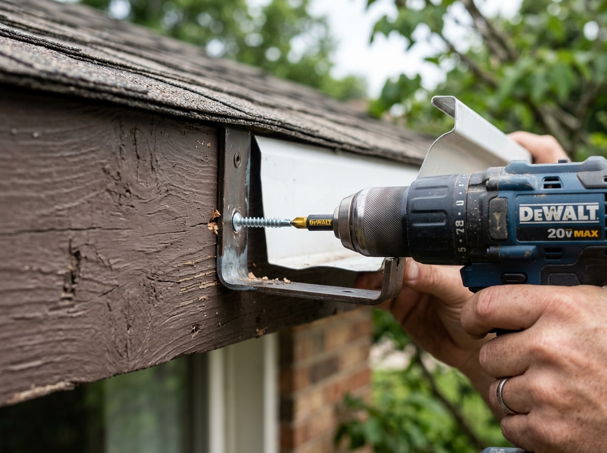 Close-up of a gutter bracket being mounted to a wood fascia board with a cordless drill