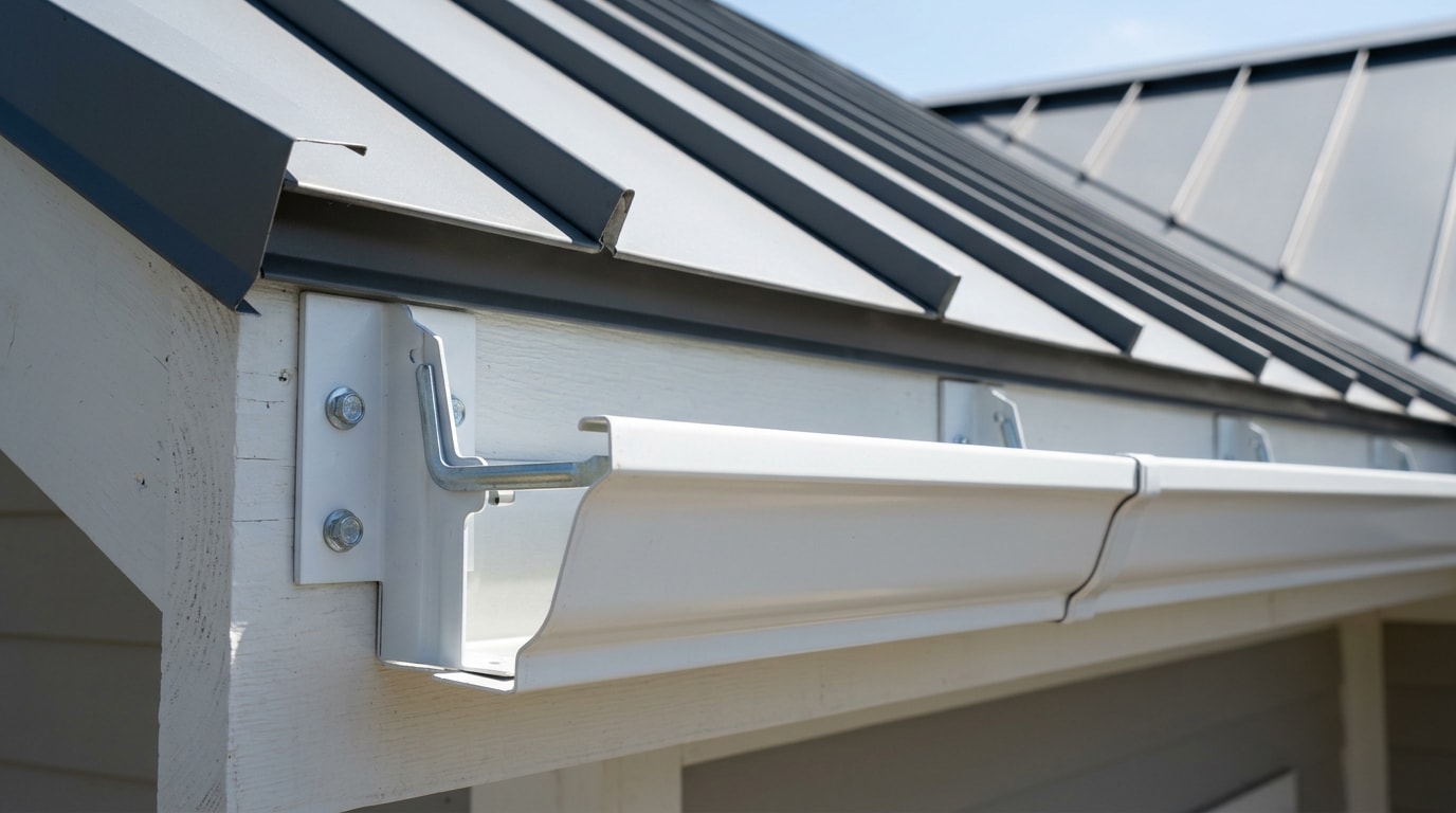 Aluminum K-style gutters installed along the edge of a standing seam metal roof Aluminum K-style gutters installed along the edge of a standing seam metal roof