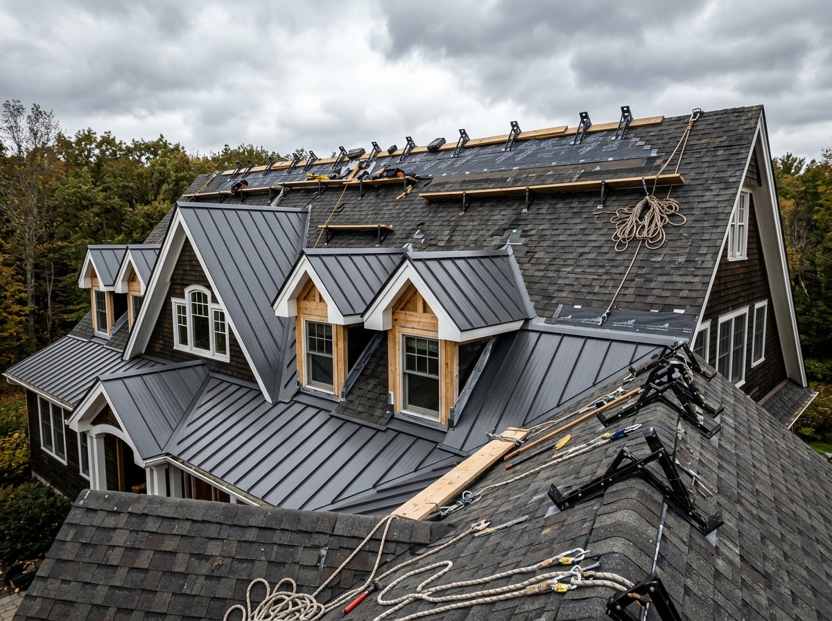 Steep pitched roof with dormers increasing metal roofing labor cost