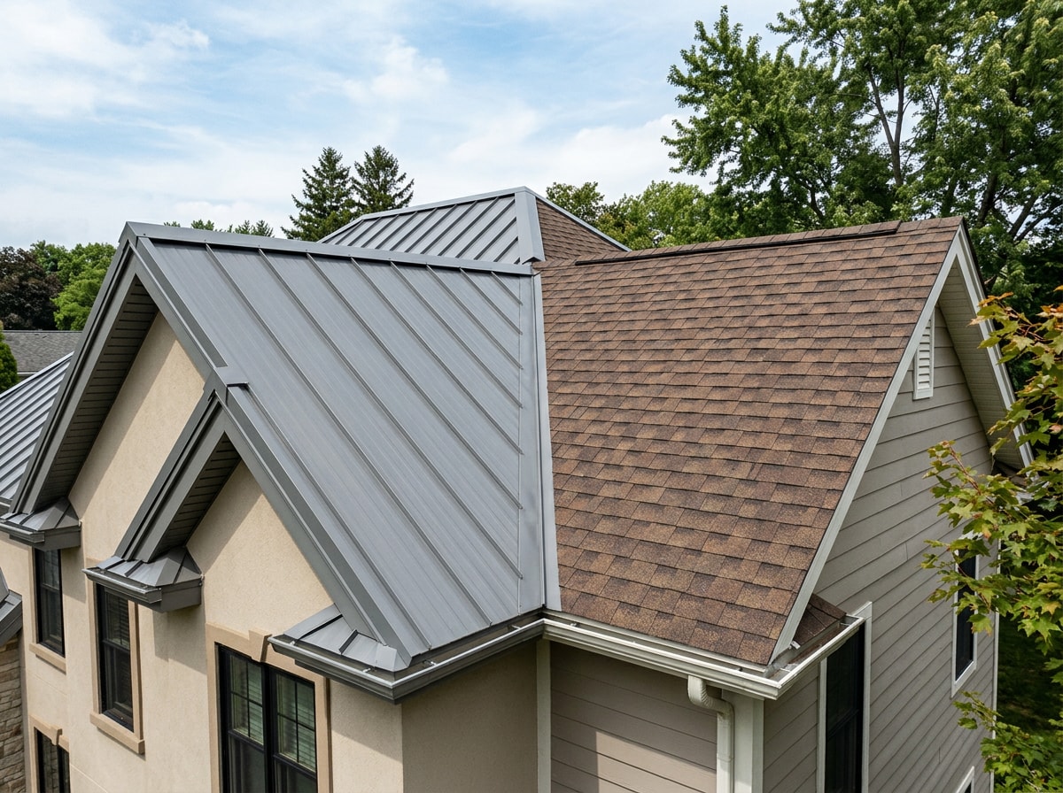 Metal roof next to an asphalt shingle roof for cost comparison