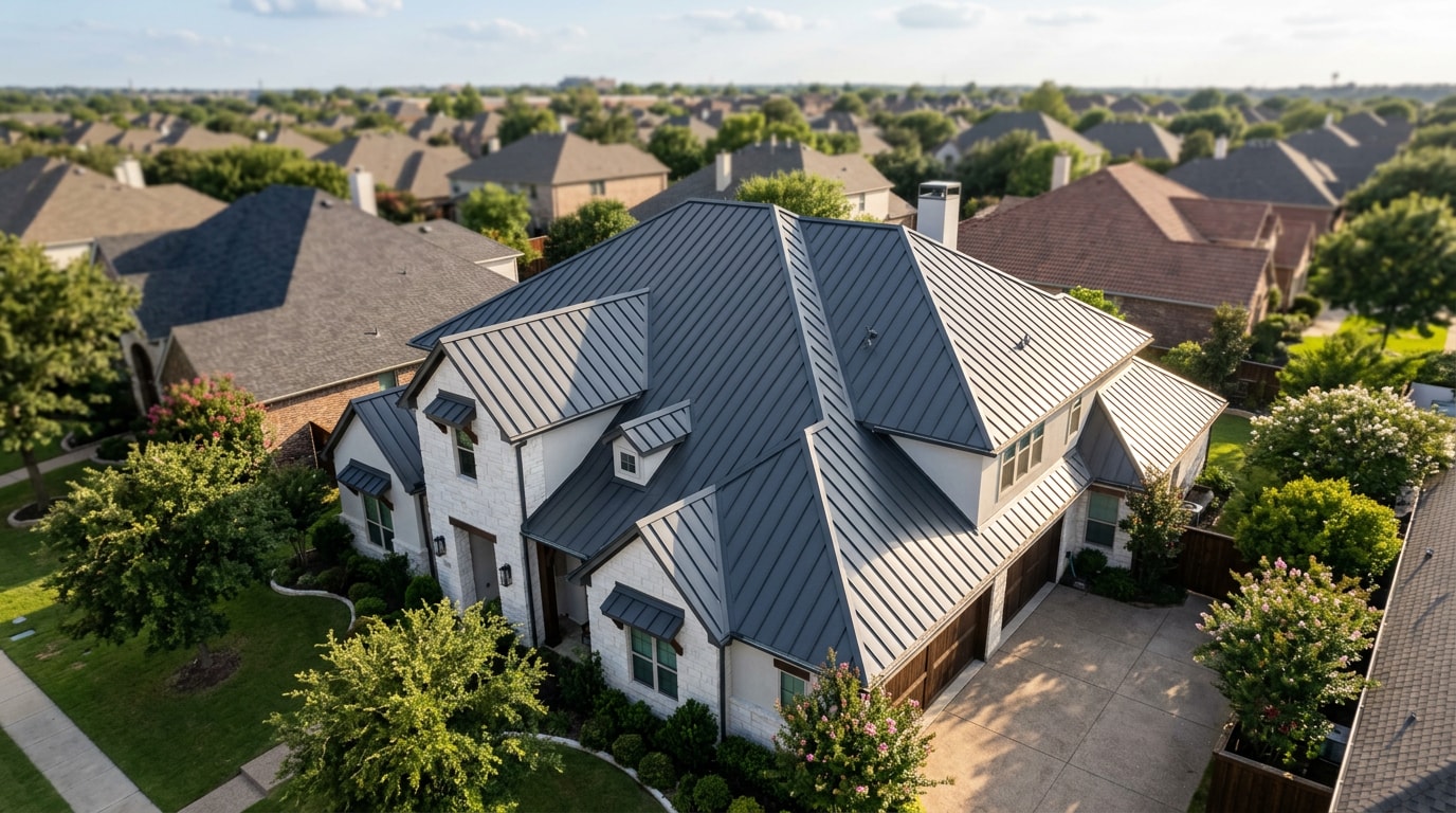 Finished standing seam metal roof on a suburban home Finished standing seam metal roof on a suburban home