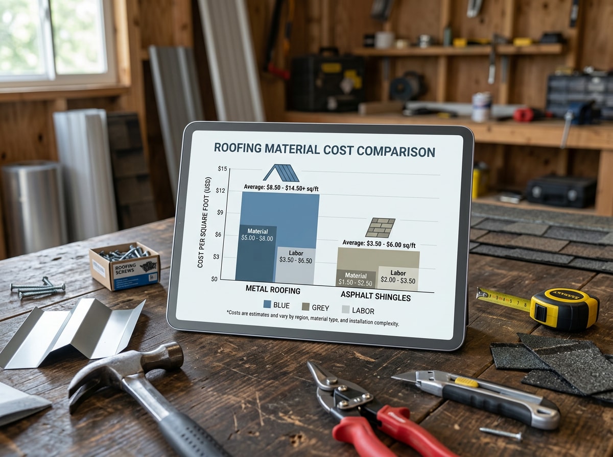 Bar chart comparing metal roofing cost per square foot to shingle roofing cost per square foot